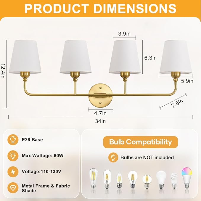 Bathroom Light Fixtures, 4-Light Brushed Gold Vanity Lights, 34" Bathroom Lighting Fixtures Over Mirror with White Flared Fabric Shade, Modern Wall Sconces for Bathroom Bedroom Living Room Hallway