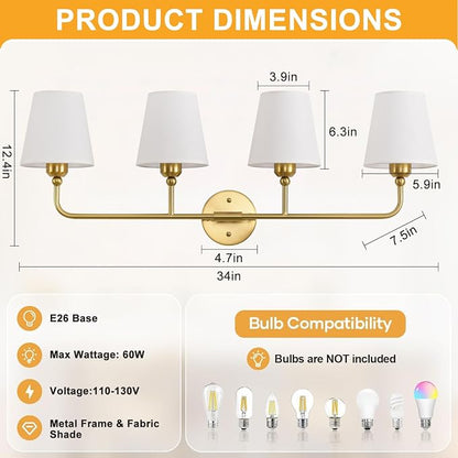 Bathroom Light Fixtures, 4-Light Brushed Gold Vanity Lights, 34" Bathroom Lighting Fixtures Over Mirror with White Flared Fabric Shade, Modern Wall Sconces for Bathroom Bedroom Living Room Hallway