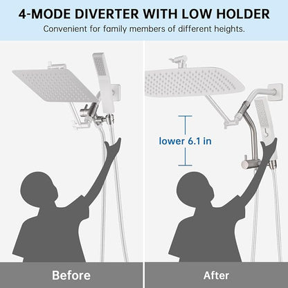 G-Promise 14 Inch All Metal Rain Shower Head with Handheld (Brushed Nickel) | Suits Every Height, Pause Mode Diverter, Massage Mode Handheld, Full Body Coverage, Easy to Install, Modern Bath Upgrade