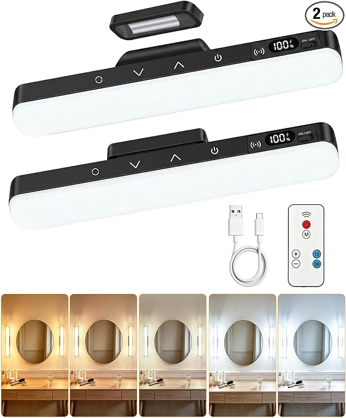 Wireless Vanity Lights for Mirror, Rechargeable Makeup Light Bar | 6W Magnetic Vanity Mirror Lights Stick On, 5 Color Temperatures & Dimmable, Remote & Touch Control, 2 Pack