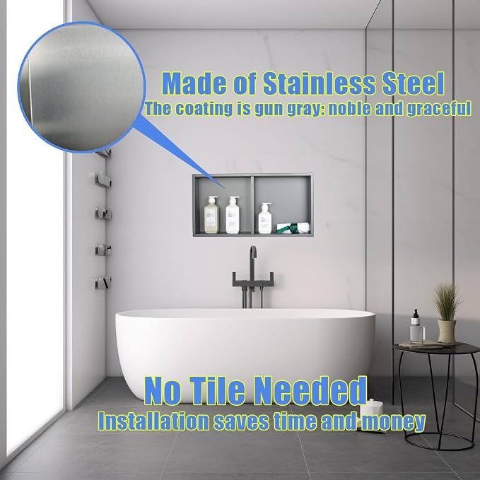 No Tile Ready Gunmetal Shower Niche,Stainless Steel Shower wall Niche Inserts(Gery, 24 * 12 in)