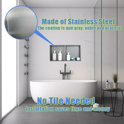 No Tile Ready Gunmetal Shower Niche,Stainless Steel Shower wall Niche Inserts(Gery, 24 * 12 in)