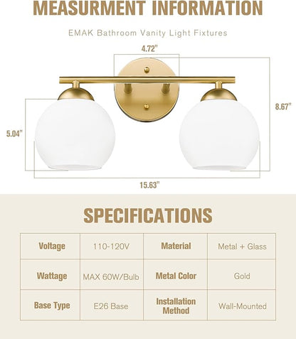 Emak 2-Light Gold Bathroom Light Fixtures, Modern Globe Vanity Lights with Milk Glass Shade for Bathroom, VL114-GD-ML-2