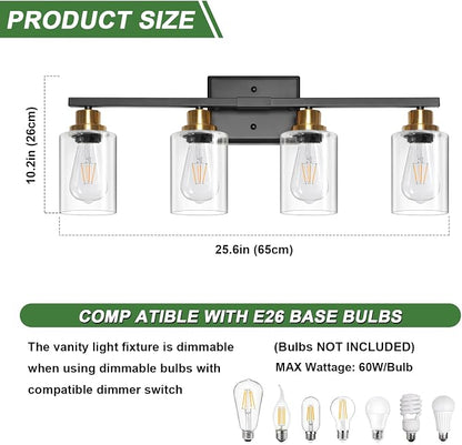 Ascher Bathroom Light Fixtures, 4-Light Vanity Lights with Clear Glass Shade, Modern Black and Gold Wall Light for Mirror Bedroom Hallway Cabinet Porch