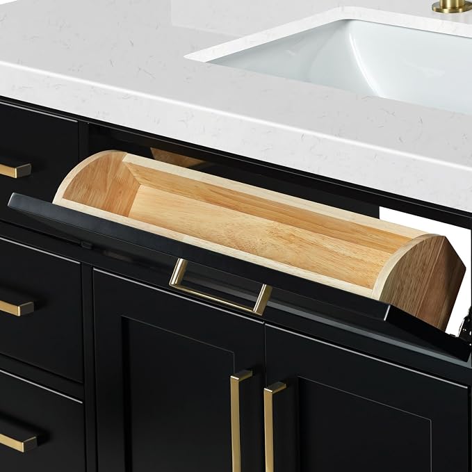 ARIEL Hepburn 60-inch Bathroom Vanity with Sink,Solid Wood, 1.5-inch Carrara White Quartz Countertop & Backsplash, Single Rectangular Porcelain Sink, 2 Soft Closing Doors, 9 Dovetail Drawers, Black