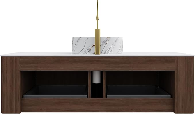 48" Floating Bathroom Vanity with Sink, Wall-Mount Cabinet 2 Large Storage Drawer, White Ceramic Basins with Stone Pattern and Marble Top, Soft-Close Design, Dark Walnut