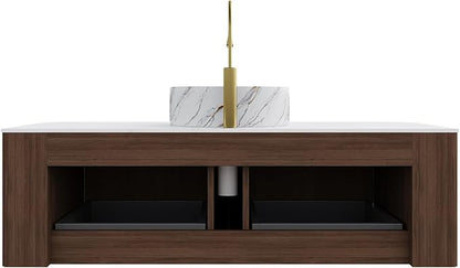48" Floating Bathroom Vanity with Sink, Wall-Mount Cabinet 2 Large Storage Drawer, White Ceramic Basins with Stone Pattern and Marble Top, Soft-Close Design, Dark Walnut