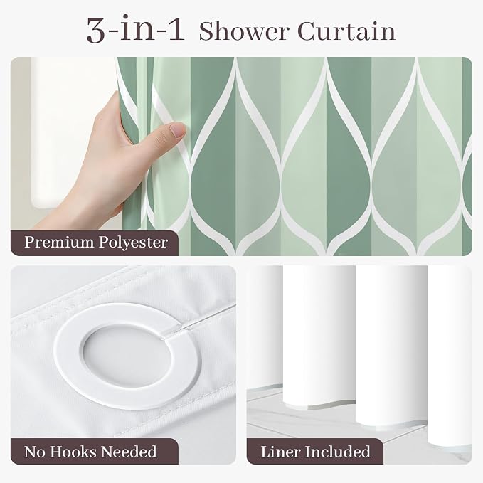 Gelbchu Dark Green No Hook Shower Curtain with Snap-in Liner, 71 x 74 Inch | Built-In Hooks, Mesh Top Window, Water-Repellent, Machine Washable, Quick Drying, Premium Polyester, Hotel Style, Modern
