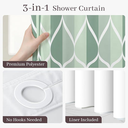 Gelbchu Dark Green No Hook Shower Curtain with Snap-in Liner, 71 x 74 Inch | Built-In Hooks, Mesh Top Window, Water-Repellent, Machine Washable, Quick Drying, Premium Polyester, Hotel Style, Modern