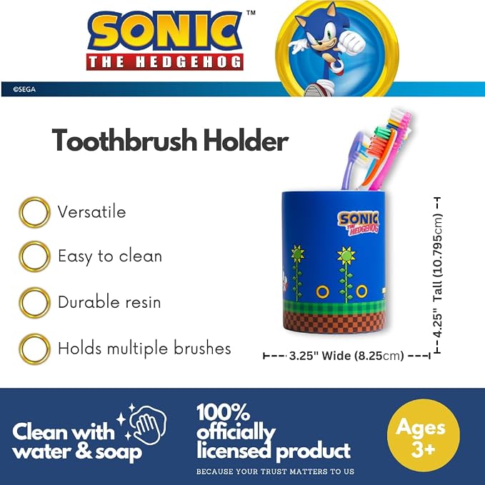 Sega Sonic The Hedgehog Gamer Kids Toothbrush Holder - Makeup Brushes/Pens Tumbler, (Officially Licensed Product) By Franco