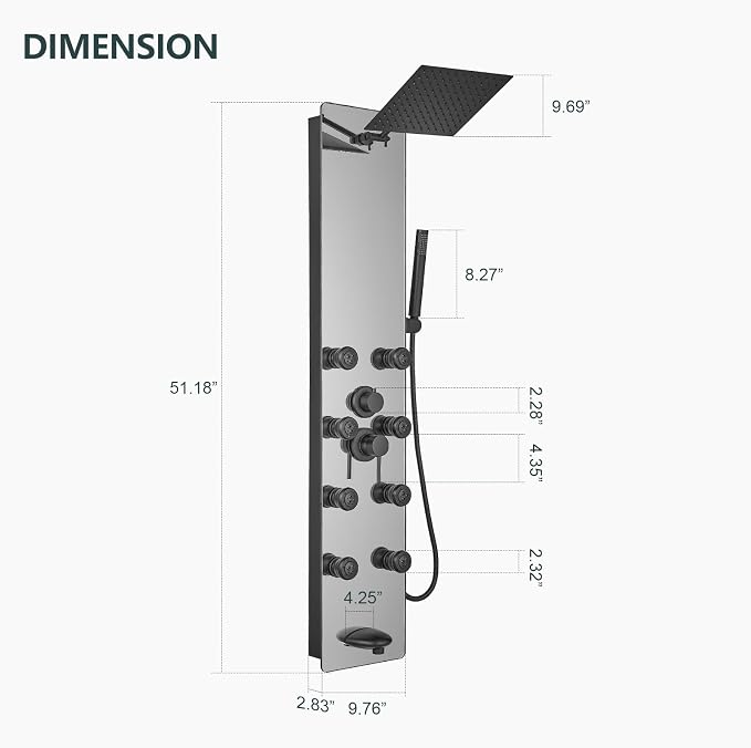 Shower Panel - Adjustable Rainfall Head, Black | Stainless Steel and Glass, Multifunction Shower Panels Tower System, Handheld Shower 2-Setting Body Jets, Tub Spout