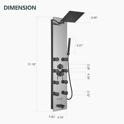 Shower Panel - Adjustable Rainfall Head, Black | Stainless Steel and Glass, Multifunction Shower Panels Tower System, Handheld Shower 2-Setting Body Jets, Tub Spout