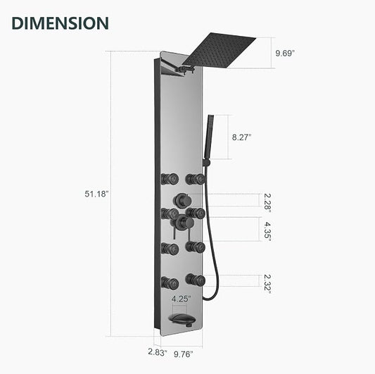 Shower Panel - Adjustable Rainfall Head, Black | Stainless Steel and Glass, Multifunction Shower Panels Tower System, Handheld Shower 2-Setting Body Jets, Tub Spout