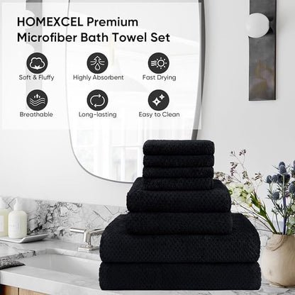 HOMEXCEL 8PK Bath Towel Set, Soft Absorbent, 2 Bath, 2 Hand, 4 Wash, Black | Light Weight, Quick Drying Towel Set for Bathroom, Gym, Hotel, SPA, Sport, Yoga, Fitness