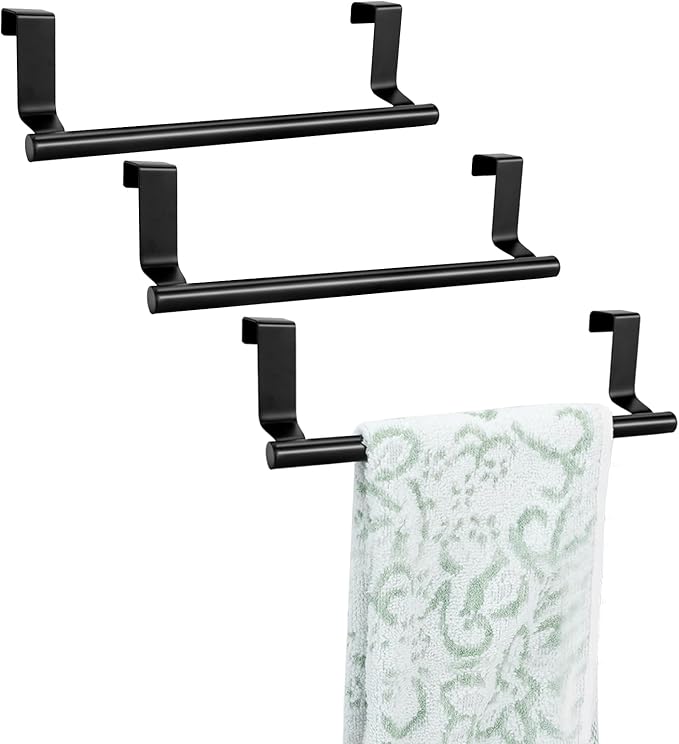 RETON 3 PCS Over Door Towel Rack, 9 Inch Stainless Steel Cabinet Towel Hanger Towel Bar Holders, Kitchen Towel Holder with Anti-Slip Pads, No Drilling (Black)