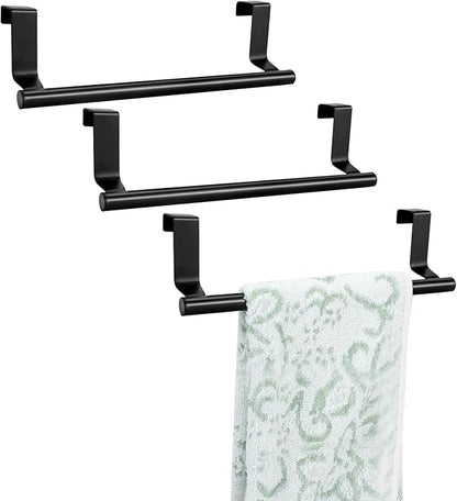 RETON 3 PCS Over Door Towel Rack, 9 Inch Stainless Steel Cabinet Towel Hanger Towel Bar Holders, Kitchen Towel Holder with Anti-Slip Pads, No Drilling (Black)