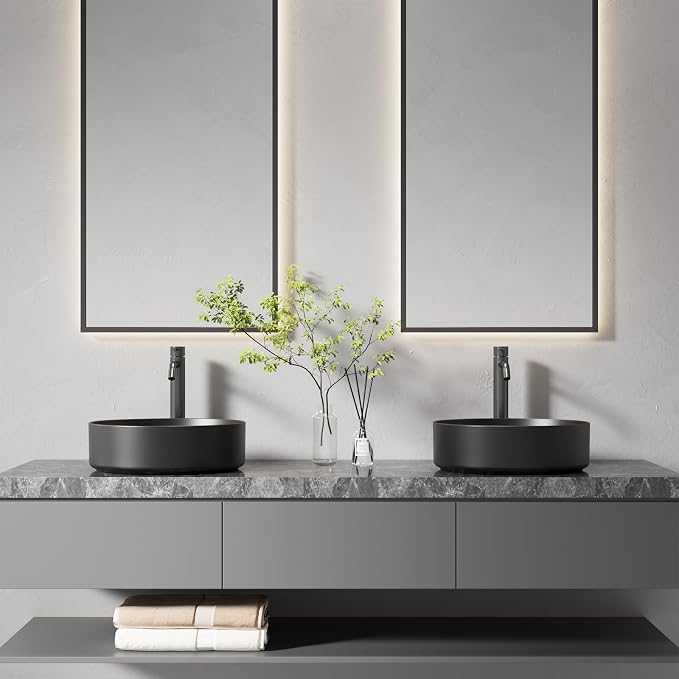 15.7" Round Vessel Sink, Matte Black Ceramic Above Counter Sink | Matte Black Finish, High-Density Ceramic, Scratch & Crack Resistant, Deep Splash Guard Basin, Easy To Clean For Bathroom