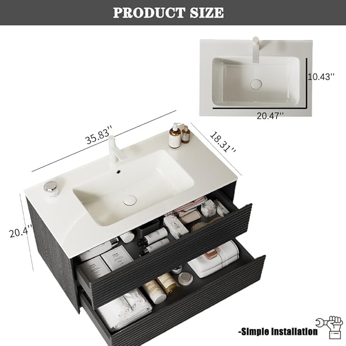 36" Floating Bathroom Vanity with Sink, Wall Mounted Modern Bathroom Cabinet with 2 Soft Close Drawers, Oak & Plywood, Pre-Assembled with Integrated Ceramic Basin – Sedona, Dark Oak