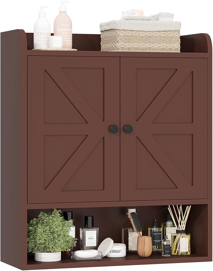 EasyCom 22" W x 26" H Bathroom Wall Cabinet, Farmhouse Medicine Cabinet with Adjustable Shelves and Double Barn Doors, Over The Toilet Storage Cabinet for Bathroom, Kitchen, Living Room, Russet