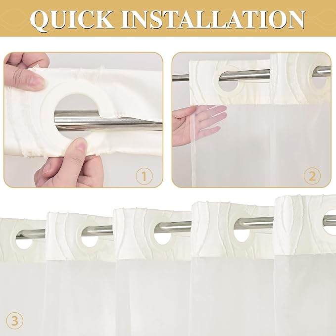 Yinhua No Hook Shower Curtain with Snap in Liner Set, 71" W×74" L, Beige | Hotel Style Curtains with See Through Top Window, Washable Waterproof, Tufted, Hookless Curtain for Bathroom Bathtub
