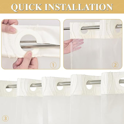 Yinhua No Hook Shower Curtain with Snap in Liner Set, 71" W×86" L, Beige | Hotel Style, See Through Top Window, Washable Waterproof, Tufted, Extra Long Hookless Curtain for Bathroom Bathtub
