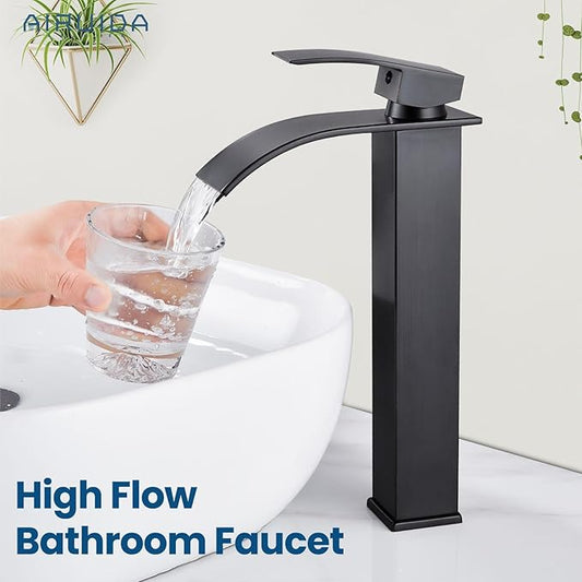 Airuida Tall Vessel Sink Faucet Oil Rubbed Bronze, Single Handle Single Hole Tall Waterfall Bathroom Faucet, Deck Mount Mixer Tap with Large Rectangular Spout Sink Washbasin Faucet Lavatory Vanity