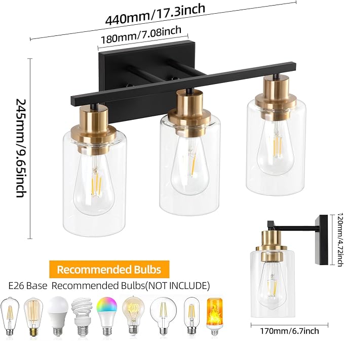 3 Light Bathroom Wall Light Fixture Vanity Wall Lights Over Mirror | Wall Sconce Lighting with Clear Glass Shades, Modern Wall Lights Wall Lamp for Mirror, Hallway Kitchen Bedroom Cabinet
