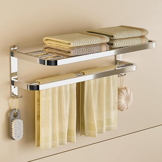 23 Inch Bathroom Towel Rack Towel Shelf with Double Towel Bars Lavatory Wall Mount Holder with Hooks Stainless Steel Hotel Bath Rack