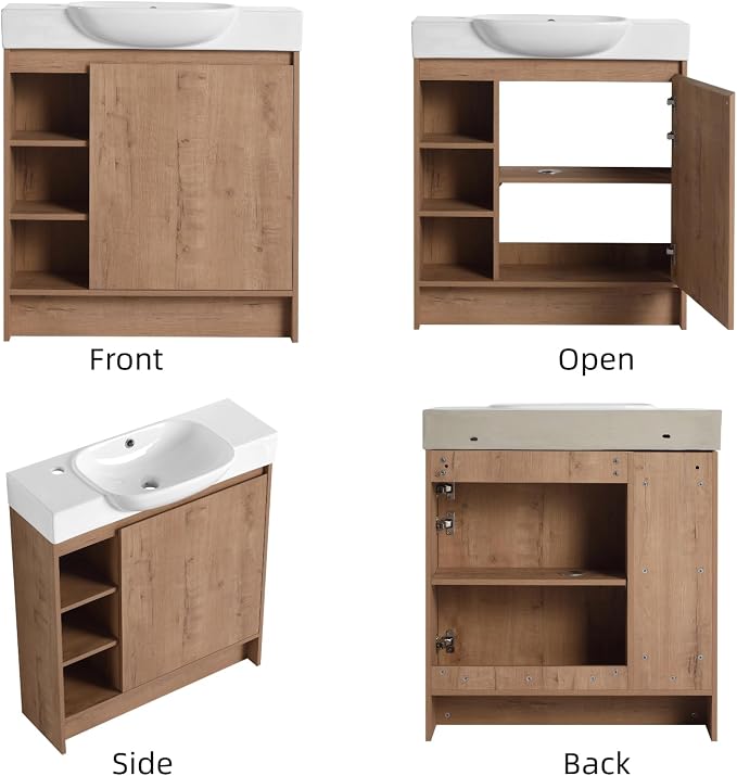 30" Freestanding Bathroom Vanity with Sink, Floor Cabinet, Natural | Integrated Ceramic Sink, Soft-Close Door & 3 Open Storage Shelves, Small Bath Vanity Set, Easy to Clean