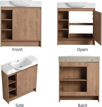 30" Freestanding Bathroom Vanity with Sink, Floor Cabinet, Natural | Integrated Ceramic Sink, Soft-Close Door & 3 Open Storage Shelves, Small Bath Vanity Set, Easy to Clean