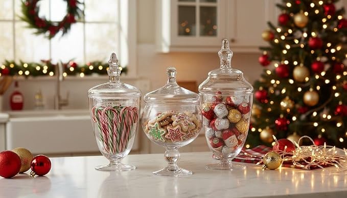 Elements Clear Glass Apothecary Jar Set of 3 with Lids - Decorative Glass Jars for Bathroom, Kitchen, Pantry Storage - Handcrafted, Graduated Heights 10, 9.5, 8.5 In