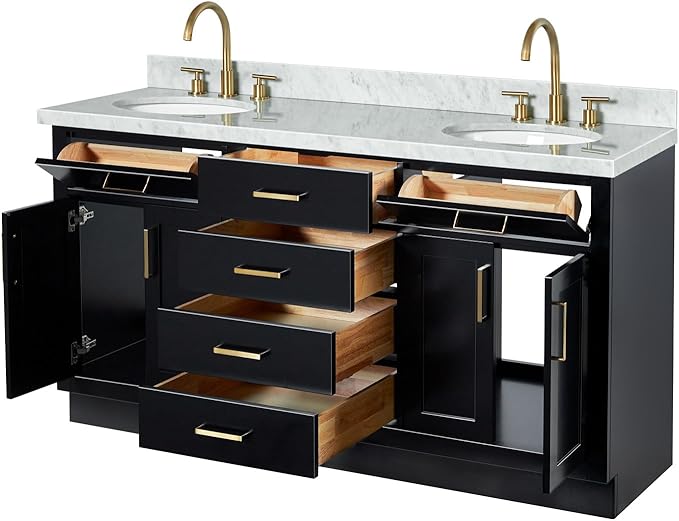 ARIEL Hepburn 66-inch Bathroom Vanity with Sink,Solid Wood, 1.5-inch Italian Carrara Marble Countertop & Backsplash, Double Oval Porcelain Sink, 4 Soft Closing Doors, 6 Dovetail Drawers, Black