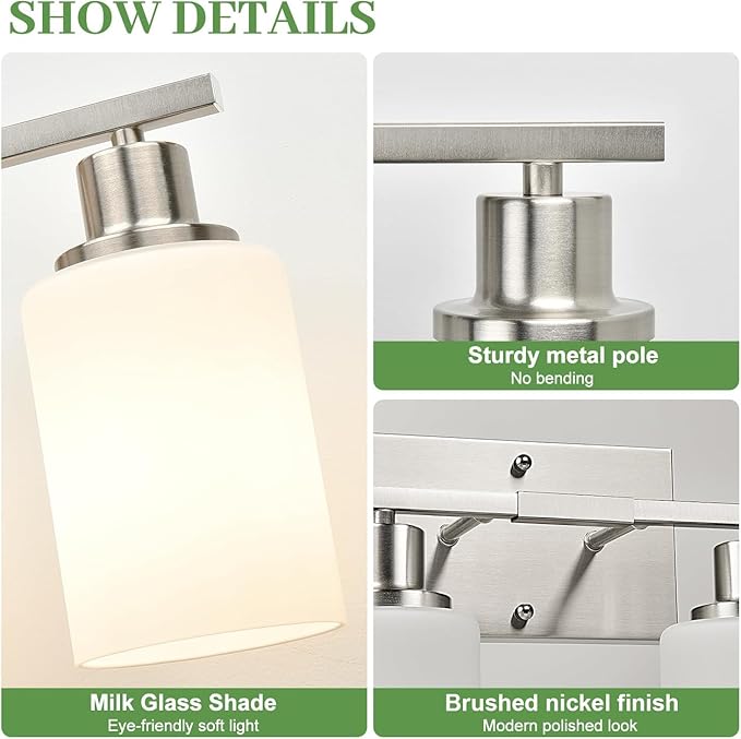 4-Light Vanity Light with Milky White Shades, Brushed Nickel Bathroom Lighting Fixtures Over Mirror, Modern Bathroom Wall Lamp for Mirror Living Room Cabinet Bedroom