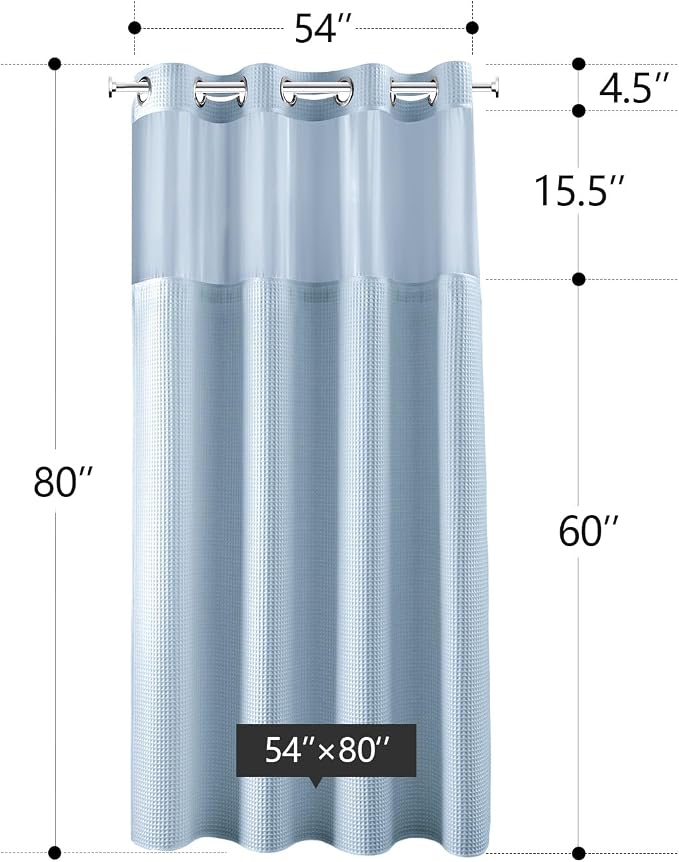 River Dream Cotton Blend Shower Curtain Set with Liner, Misty Blue, 54x80 | Waffle Weave, No Hook Needed, with Snap in Replacement Liner, Top Sheer Window, Hotel Quality Fabric for Bathroom