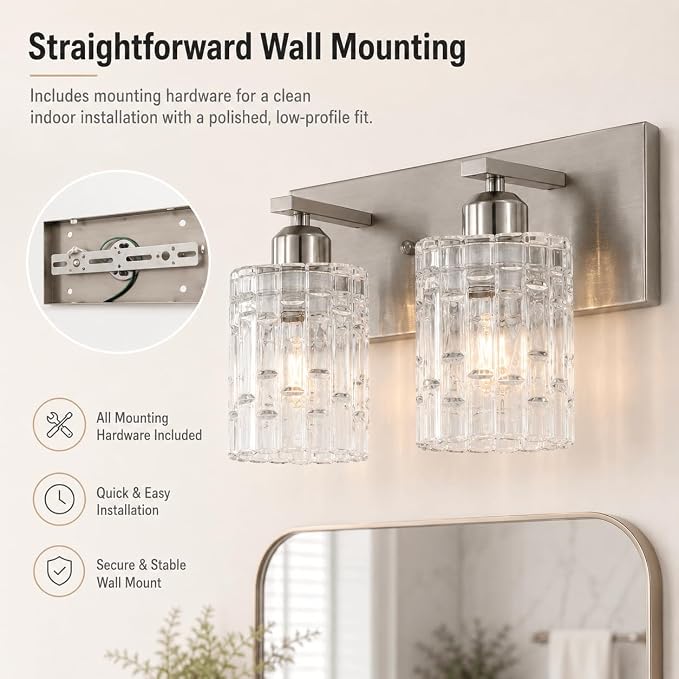 2-Light Nickel Crystal Bathroom Vanity Light Fixture Over Mirror, Modern Bathroom Wall Light for Living Room, Bedroom, Hallway