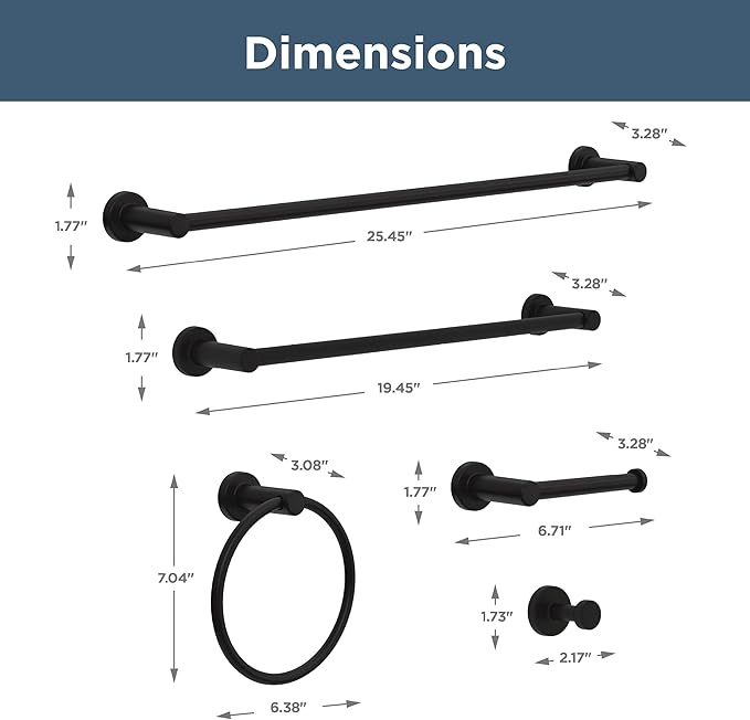 Franklin Brass Wake 5-Piece Bathroom Set Matte Black 18" and 24" Towel Bar Racks, Toilet Paper Holder, Ring, Hook | 5-pc Accessories | Fixtures WAK65-MB