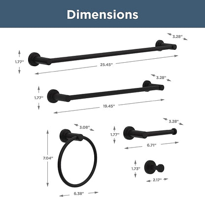 Franklin Brass Wake 5-Piece Bathroom Set Matte Black 18" and 24" Towel Bar Racks, Toilet Paper Holder, Ring, Hook | 5-pc Accessories | Fixtures WAK65-MB