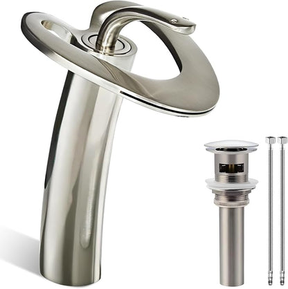 Brushed Nickel Tall Bathroom Faucets 1 Hole, Single Hole Vessel Sink Vanity Faucet, Unique Modern Bathroom Mixer Tap for Bowl Sink Lavatory, llaves para lavamanos de baño,lavamanos de baño modernos