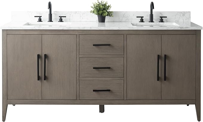 HomeBeyond 72 Inch Bathroom Vanity with Sink & Ceramic Top, Double Vanity Cabinet with Basin, Soft-Closing Doors & Matte Black Hardware, Driftwood Gray