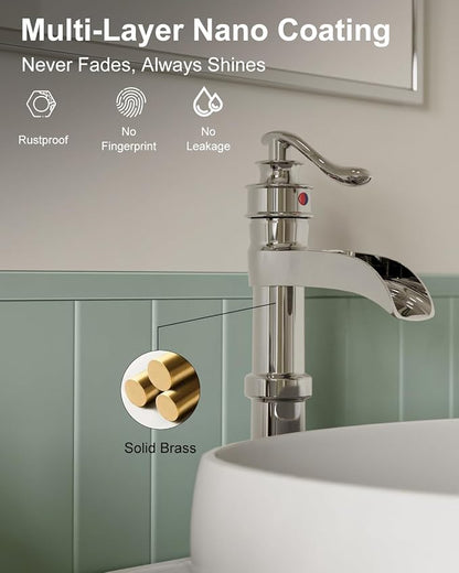 BWE Vessel Sink Faucet Waterfall Tall Chrome Bathroom Faucet | Single Handle 1 Hole Brass Countertop Lavatory Vanity Mixer Tap with Pop Up Drain and Supply Lines for RV Bar No Overflow
