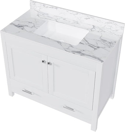 Montary 42" Bathroom Vanity with 43" Sintered Stone Carrara White Top, Modern Stylish MDF Bathroom Storage Cabinet, Vanity Set with 2 Doors and One Large Divided Drawer, White (Three Holes)