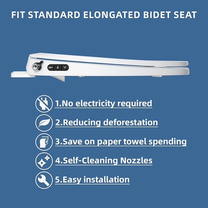 Bidet Toilet Seat, Soft Close Toilet Seat, Button control Feminine/Posterior Wash Switch, Knob Control Water Pressure,White Bidet Seat Attachment with Brass inlet (Elongated-D)