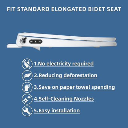 Bidet Toilet Seat, Soft Close Toilet Seat, Button control Feminine/Posterior Wash Switch, Knob Control Water Pressure,White Bidet Seat Attachment with Brass inlet (Elongated-D)