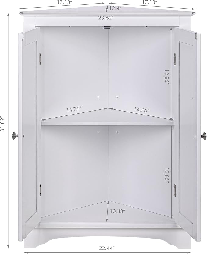 Spirich Corner Bathroom Cabinet with Doors and Adjustable Shelf, White | 2 Beadboard Doors, Adjustable Shelf, Space-Saving Triangular Design for Bathrooms, Kitchens, Living Rooms, and Entryways