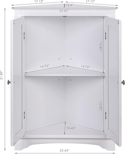 Spirich Corner Bathroom Cabinet with Doors and Adjustable Shelf, White | 2 Beadboard Doors, Adjustable Shelf, Space-Saving Triangular Design for Bathrooms, Kitchens, Living Rooms, and Entryways