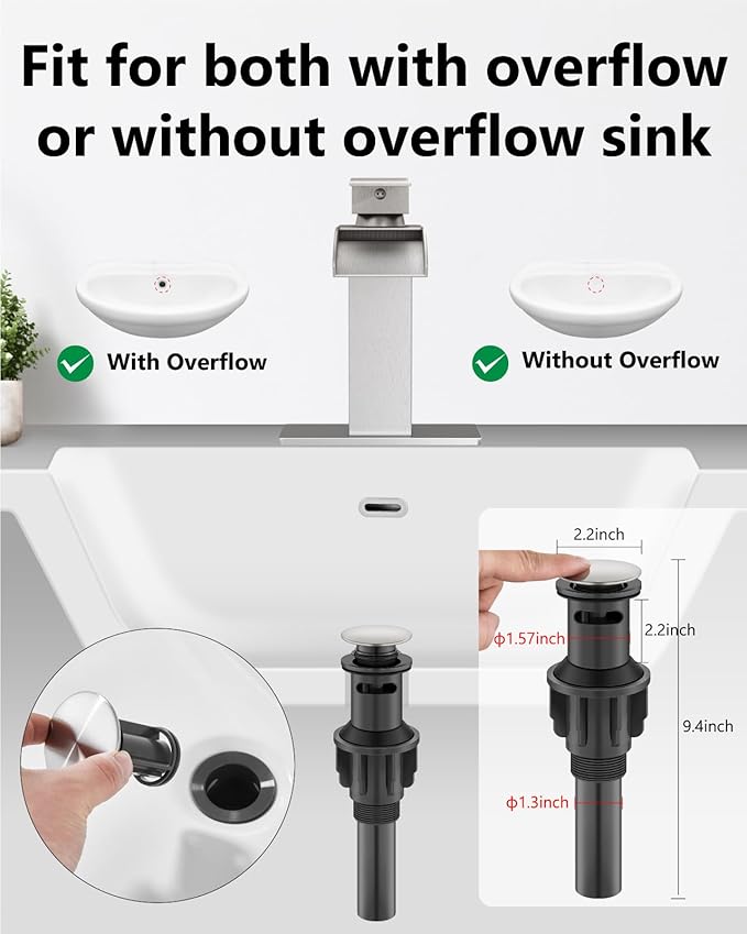 Waterfall Bathroom Faucet 1 Hole, Single Hole Bathroom Faucet, Single Handle Vanity Sink Faucet with Deck Plate, Pop-up Drain & Supply Lines, Brushed Nickel