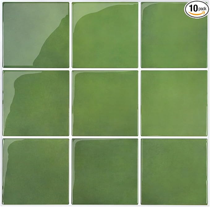 Thicker Peel and Stick 3D Backsplash Tiles Kitchen Bathroom | Green, 10 Pcs 12" x 12", Glossy Self Adhesive Decorative Vinyl Backsplash Wall Sticker, Cover 10 sq ft，Removable，Waterproof