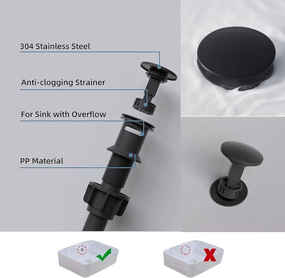 BELZ Black Bathroom Sink Faucet Single Handle Bath Vanity Sink Faucets One Hole with Pop Up Drain and Deck Plate for 1 or 3 Holes Modern Washroom Faucet Matte Black