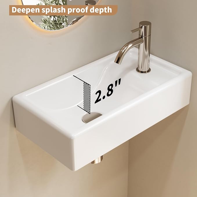16" x 9" Wall Mount Bathroom Sink Rectangule Floating Sink Porcelain Ceramic White Bathroom Vessel Sink Right Hand Set