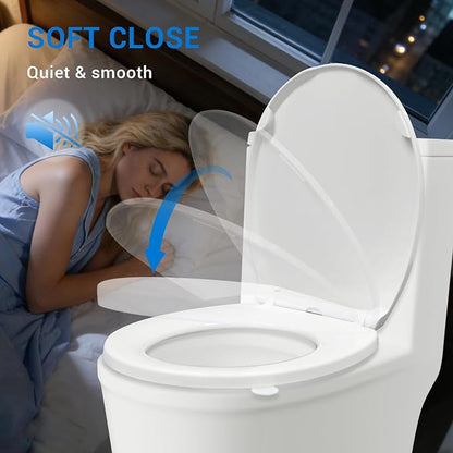 KHE Round Toilet Seat 16.5 Inch, Soft Close Toilet Seat with No-Touch Handle, Quick Release for Easy Cleaning, Non-Slip Bumpers, Durable PP, White